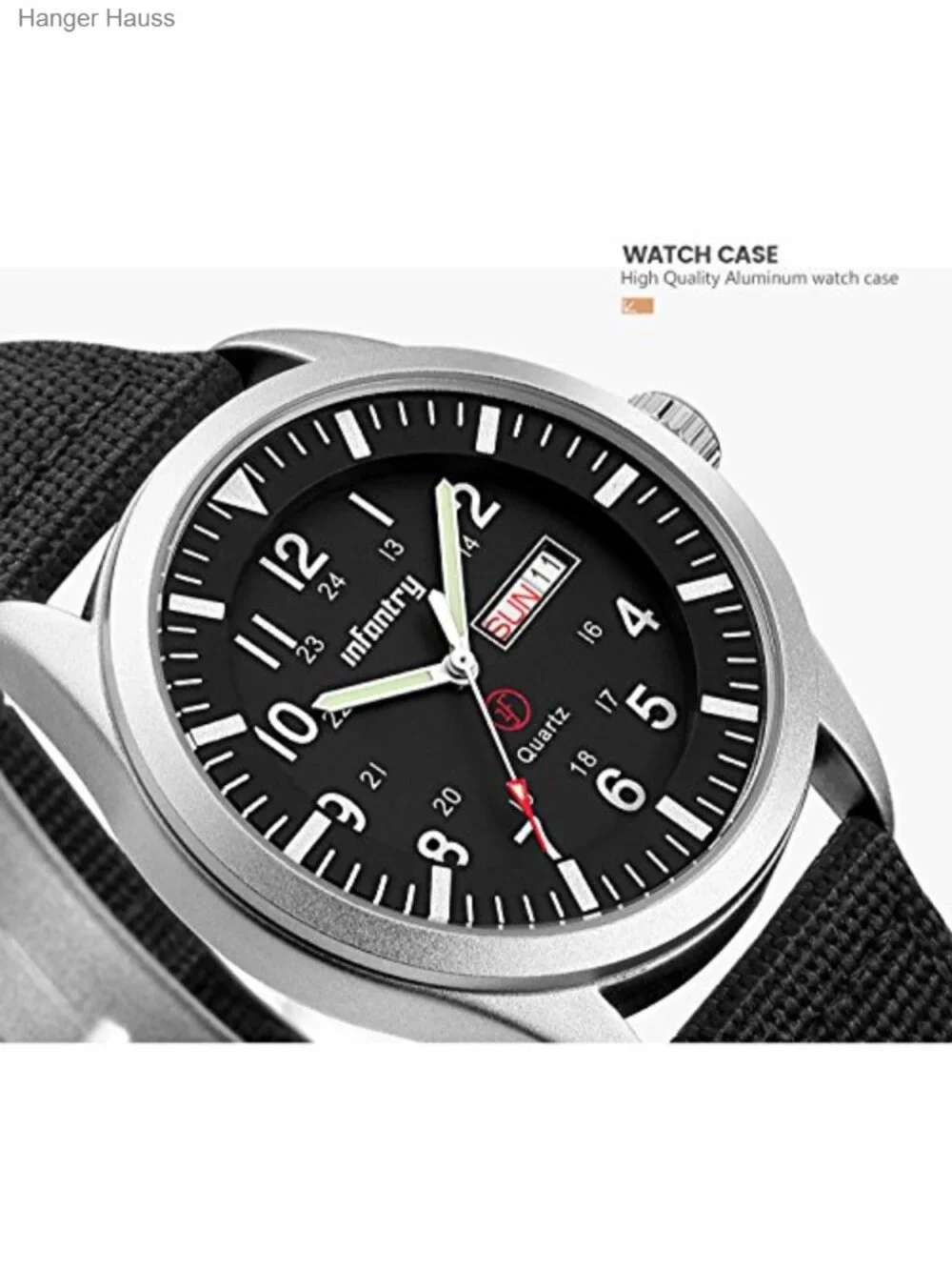 Mens Military Field Watch 12/24H Day Date 5ATM Waterproof Nylon Band Analog
